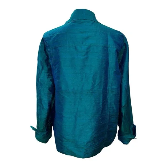 VTG ANU by Natural Silk Jacket XL Teal Blue Iridescent Shantung Top Art To Wear - Picture 7 of 11